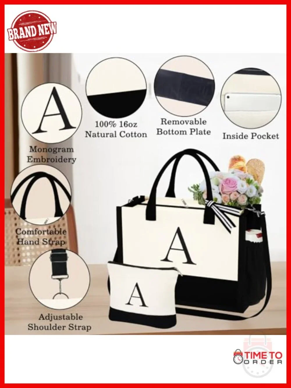 Initial Canvas Tote Bag with Makeup Bag, Monogrammed Beach Bag, Large Capacity,